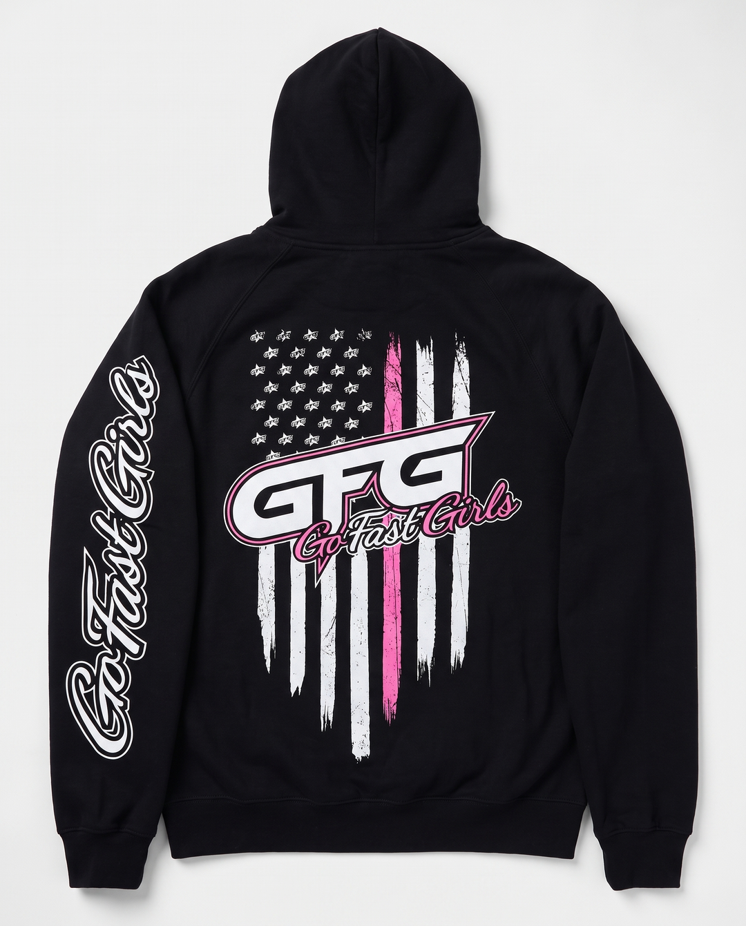 American Flag Hoodie 2.0 — back view, GFG flag print
