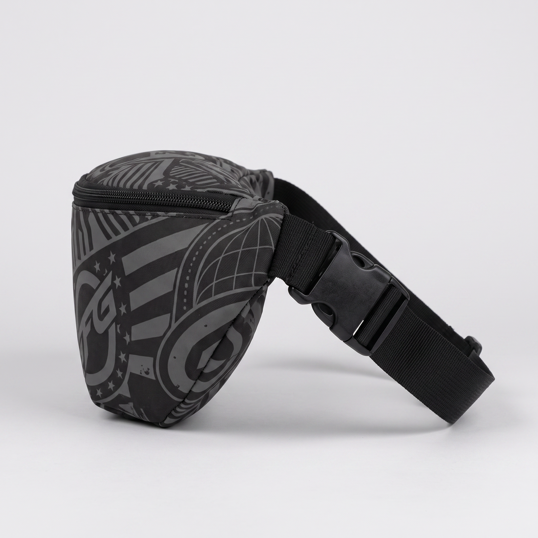 AOP Fanny Pack — side view with adjustable strap and buckle