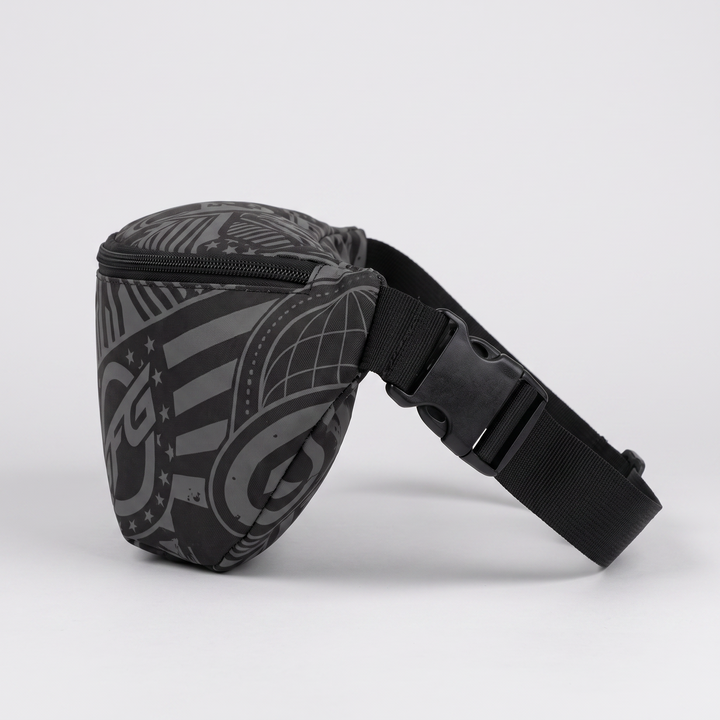 AOP Fanny Pack — side view with adjustable strap and buckle