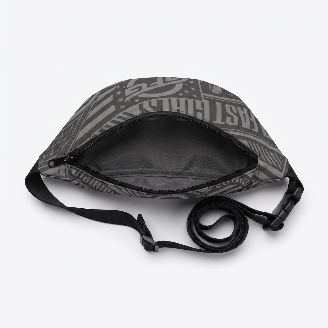 AOP Fanny Pack — top-down view, interior open