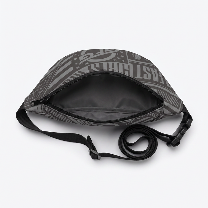AOP Fanny Pack — top-down view, interior open