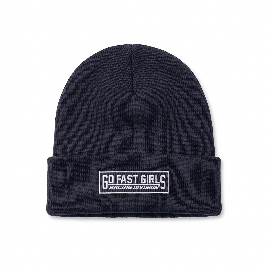 Racing Division Beanie — flat product shot, cuff folded, embroidered patch