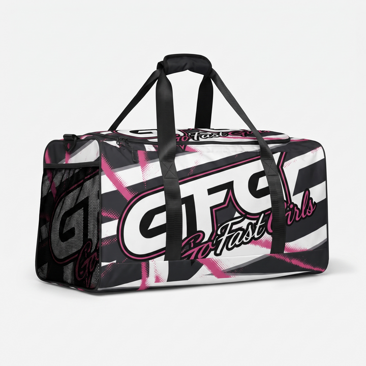 Pink Starburst Duffle Bag — side view with mesh pocket