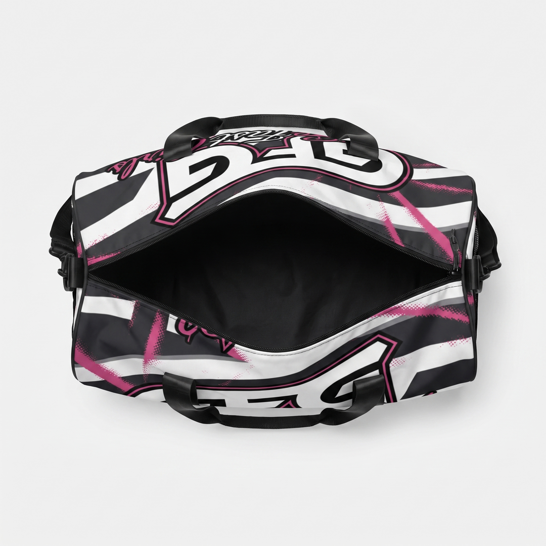 Pink Starburst Duffle Bag — top-down view, interior open