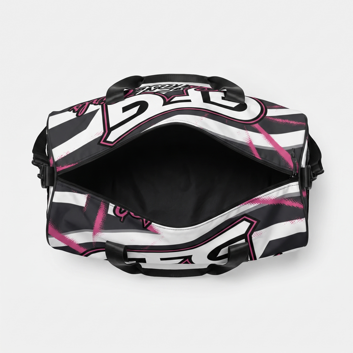 Pink Starburst Duffle Bag — top-down view, interior open