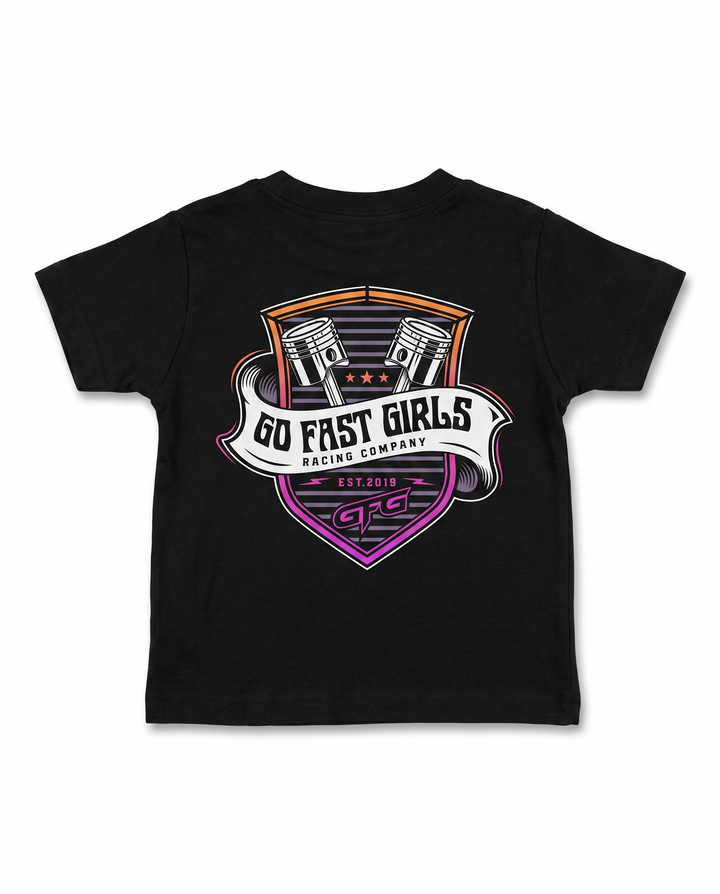 Twin Pistons Baby Jersey T-Shirt — back, Go Fast Girls Racing Company badge